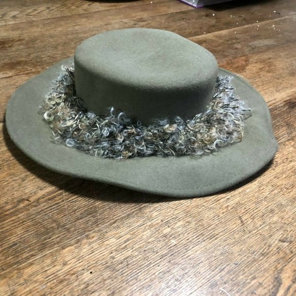 Kathy Jeanne Woman\'s Hat olive Green 100% WOOL large brim curly yarn band main image 4